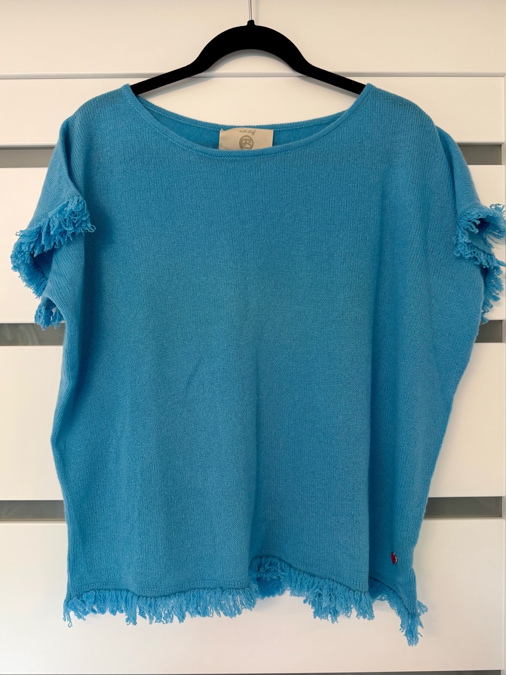 Fringed Short-Sleeve Knit  Cashmere Top - Bright Blue